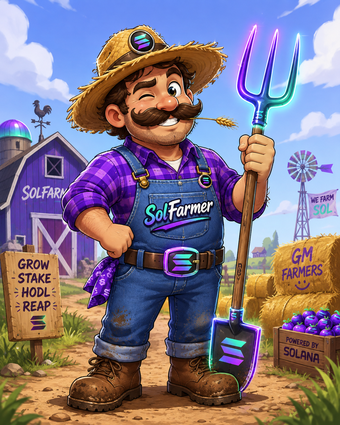 SolFarmer mascot holding a neon farm tool